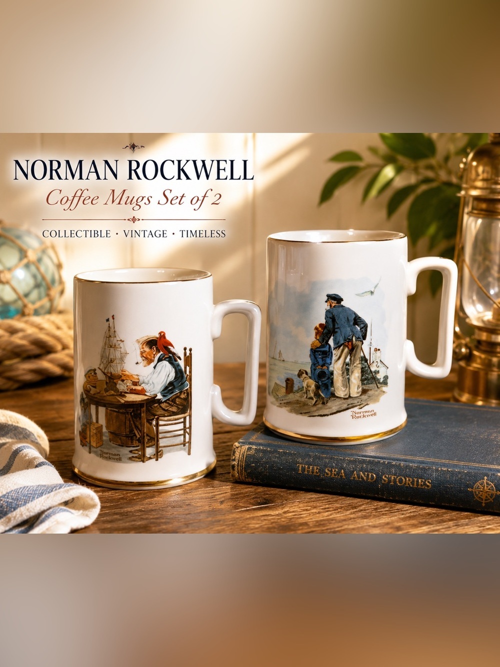 Norman Rockwell Coffee Mugs Set of 2 1985 Museum Inc Gold Trim Collectible